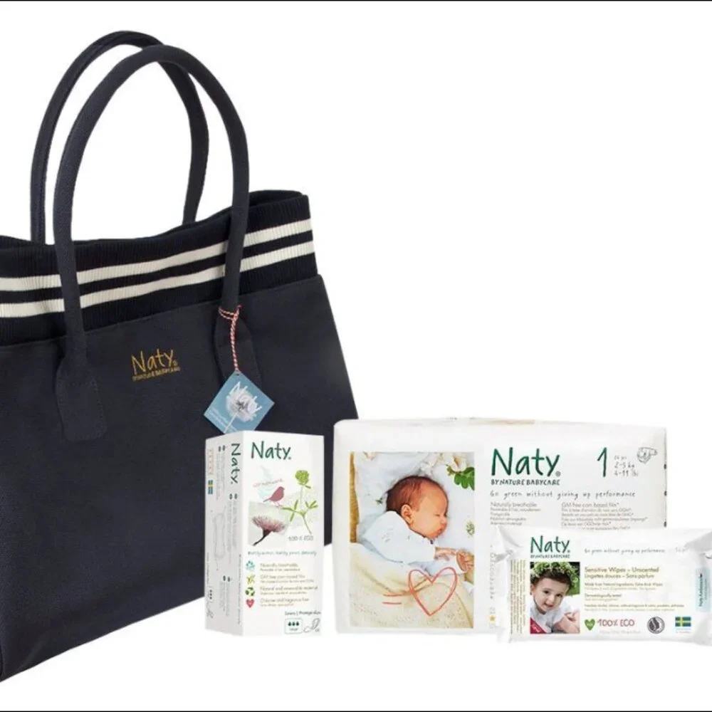 Naty Organic Nappy Bag, Diaper Bag, Blue/White - Bundle -Brand New